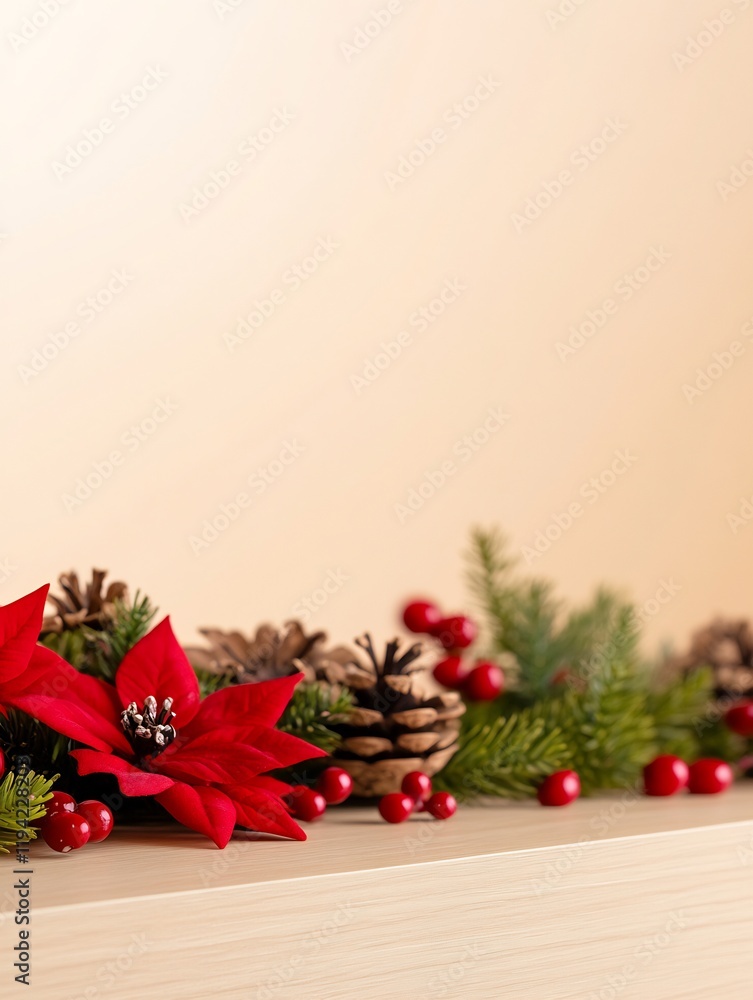 Warm Festive Garland Softly Lit Red Poinsettia Pine Cones. AI Generated
