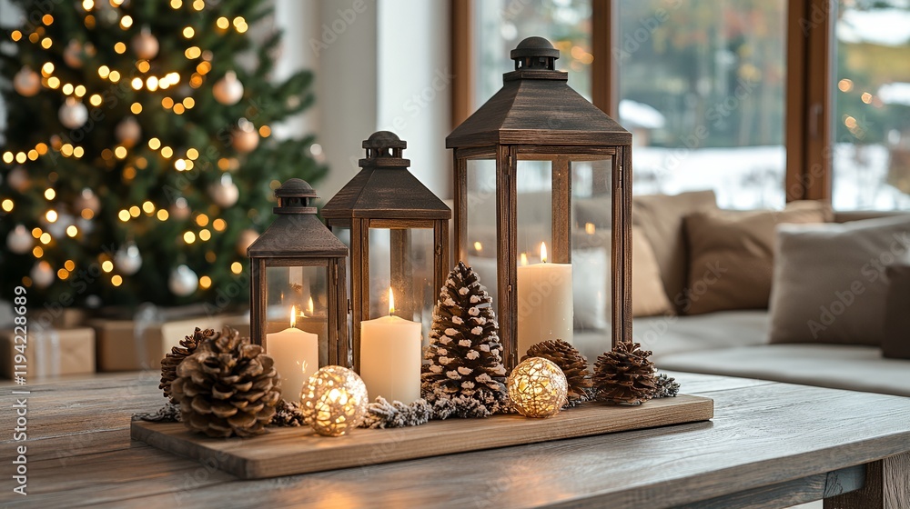 Cozy Christmas candles, pine cones, lantern d?cor on wooden table, winter home Cozy Christmas candles, pine cones, lantern d?cor on wooden table, winter home