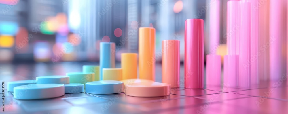 Colorful cylindrical bars and circular discs create a vibrant, abstract representation of data visualization or financial metrics in a modern setting. Colorful cylindrical bars and circular discs create a vibrant, abstract representation of data visualization or financial metrics in a modern setting.