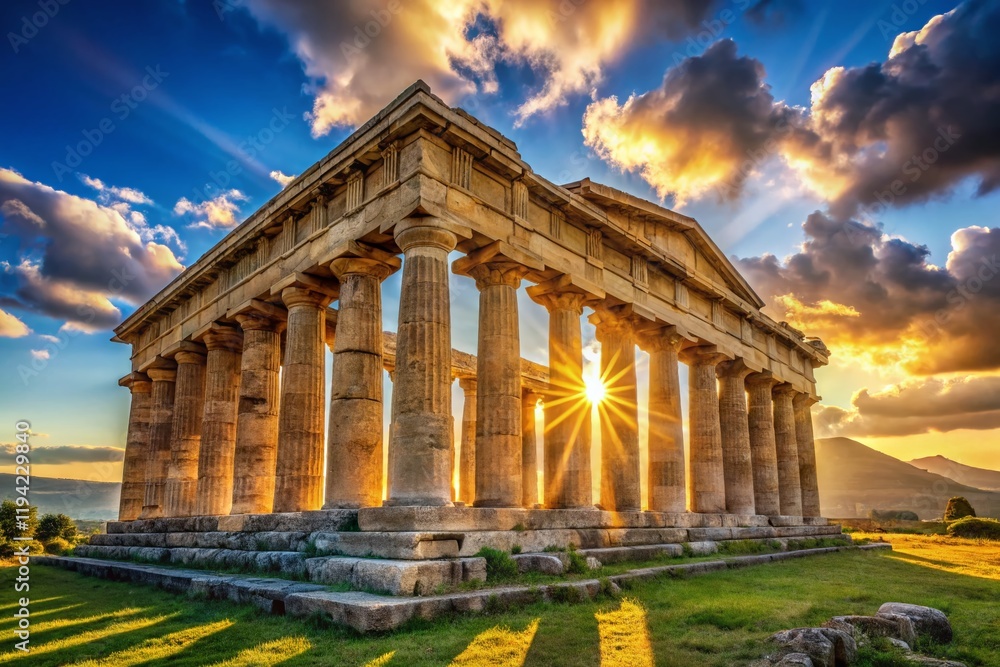 Naklejka premium Majestic Ruins: Temple of Athena, Paestum, Italy - Ancient Greek Architecture Landscape