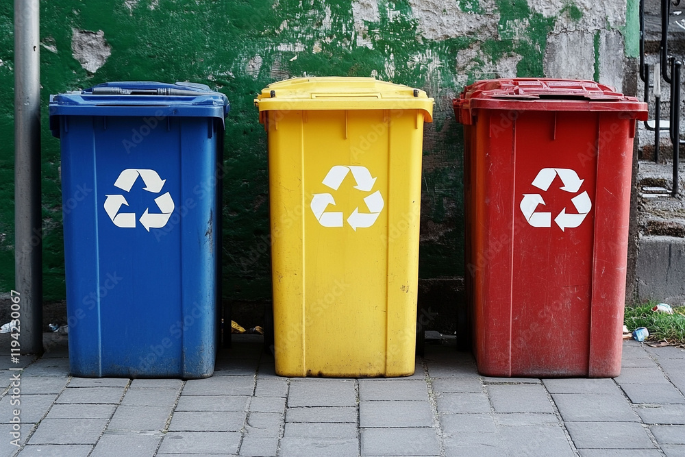 Colorful recycling bins in blue, yellow, green, and red promote environmental awareness and sustainability Colorful recycling bins in blue, yellow, green, and red promote environmental awareness and sustainability