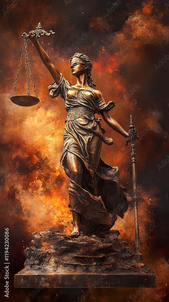 Lady Justice: Bronze Statue in Fiery Inferno Lady Justice: Bronze Statue in Fiery Inferno