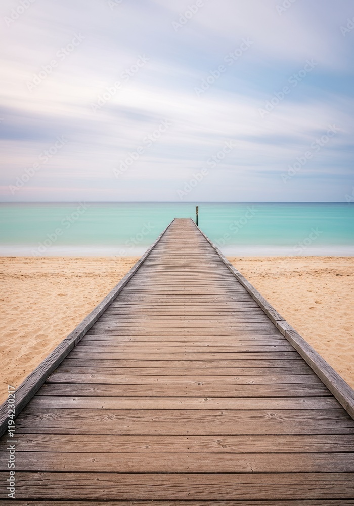 Obraz premium Tranquil seaside escape: wooden pier leading to turquoise waters under a cloudy sky