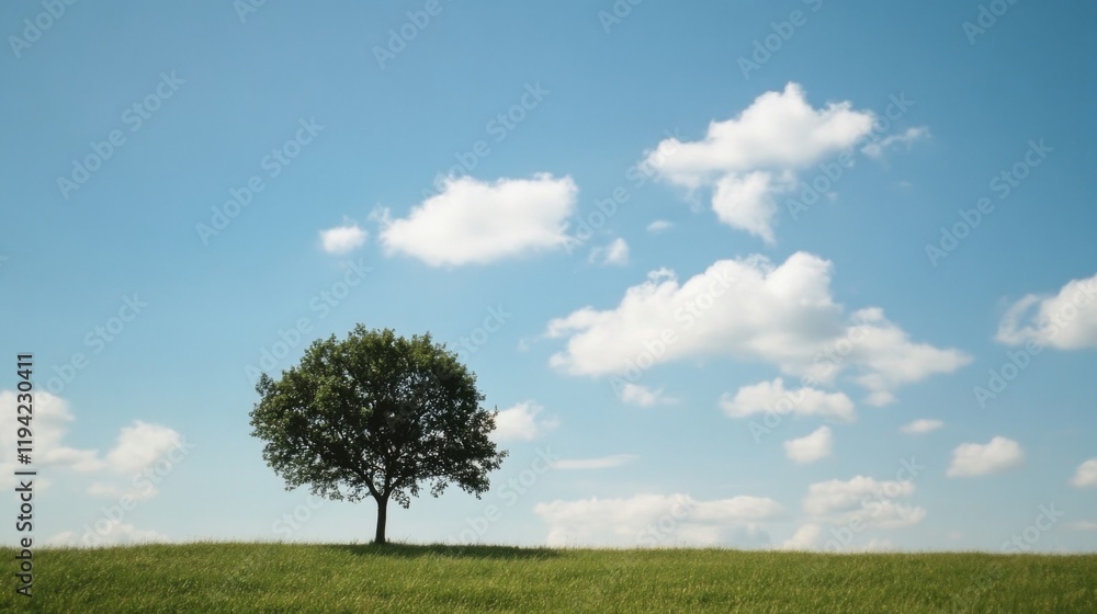 Solitary tree on a green hill under a blue sky with fluffy clouds. Solitary tree on a green hill under a blue sky with fluffy clouds.