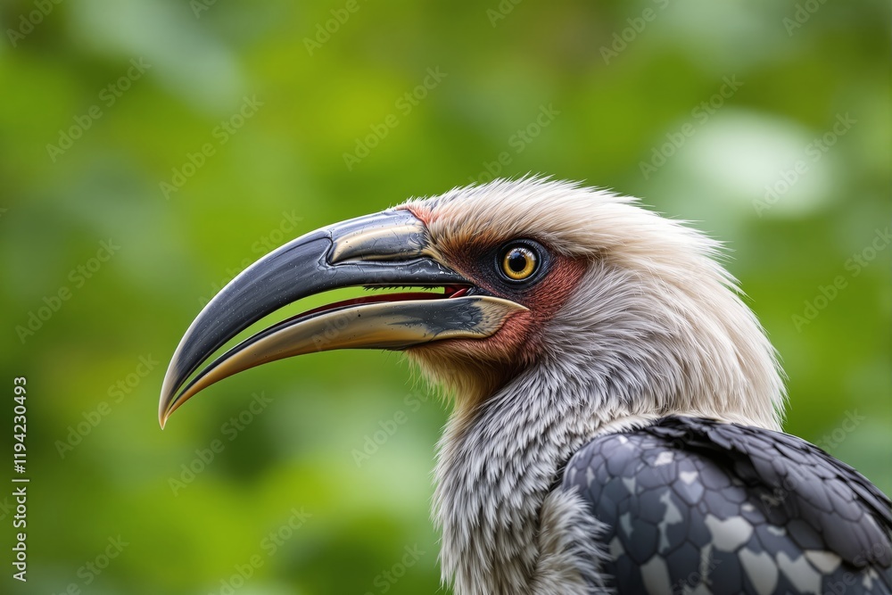 Close-up of a hornbill bird with detailed feathers and a sharp beak, set against a vibrant green blurred background. Concept of exotic wildlife. Ai generative Close-up of a hornbill bird with detailed feathers and a sharp beak, set against a vibrant green blurred background. Concept of exotic wildlife. Ai generative