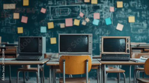 Vintage computers in a retro classroom setting