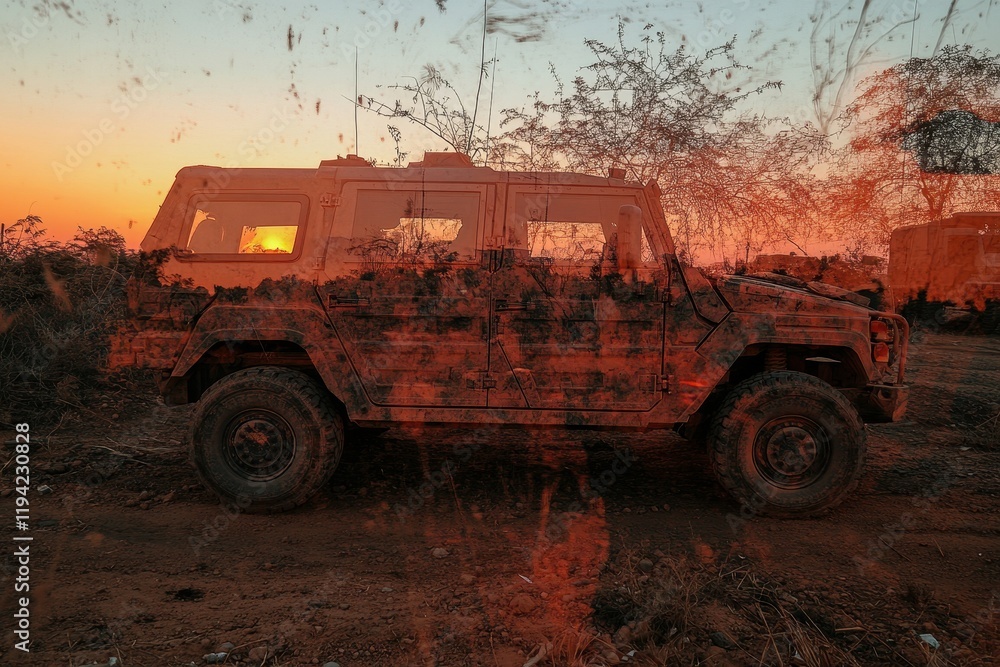 Obraz premium Sunset Reflection on an Off-Road Vehicle Surrounded by Nature with a Beautiful Orange Sky and Silhouette of Vegetation