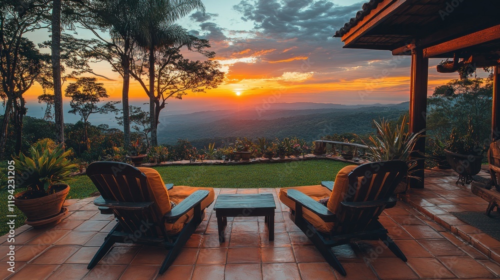 Obraz premium Sunset view from a patio with two chairs and a small table.