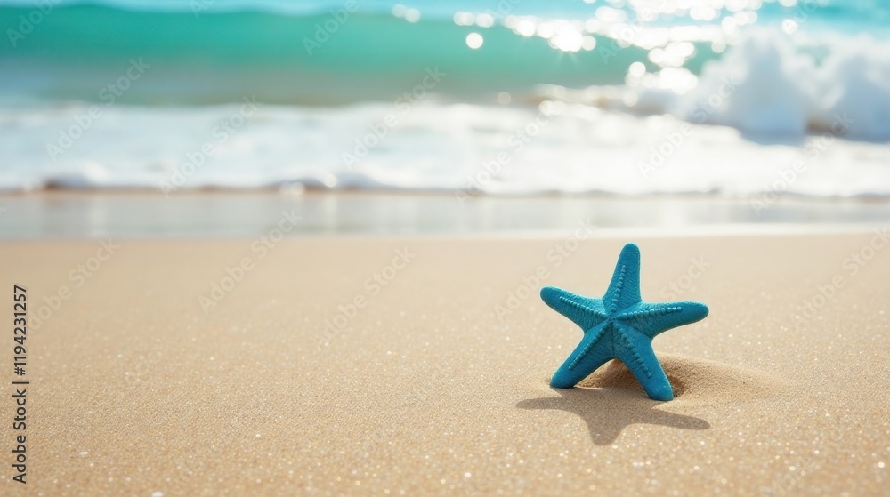 Ocean Breeze Serenity A Teal Starfish on a Sandy Shore with Gentle Waves Ocean Breeze Serenity A Teal Starfish on a Sandy Shore with Gentle Waves
