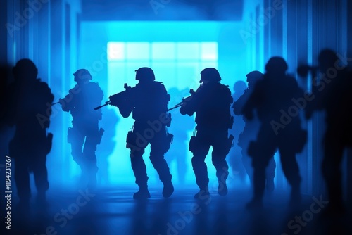 Wallpaper Mural Tension-filled Scene of Armed Tactical Team Progressing Towards an Unseen Threat in a Dimly Lit Corridor with Ethereal Blue Lighting Effects Torontodigital.ca