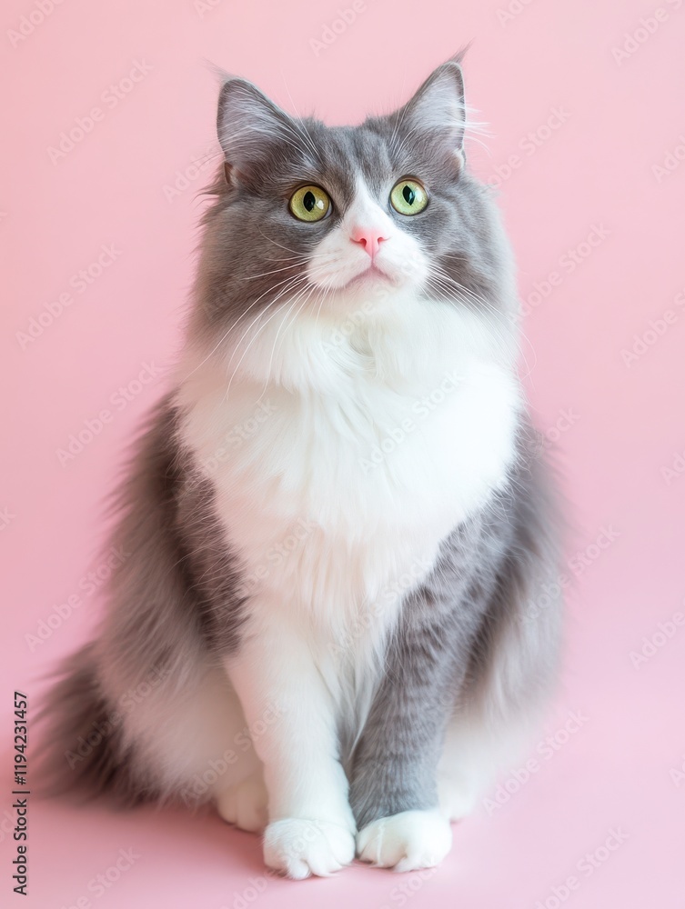 Beautiful fluffy grey and white cat with green eyes sitting on pink background, full body portrait, looking at camera. Beautiful fluffy grey and white cat with green eyes sitting on pink background, full body portrait, looking at camera.
