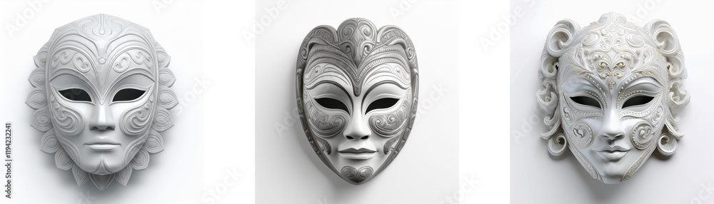 Three ornate, grayscale Venetian masks displayed against a white background. An aerial view showcasing intricate detailing. Three ornate, grayscale Venetian masks displayed against a white background. An aerial view showcasing intricate detailing.