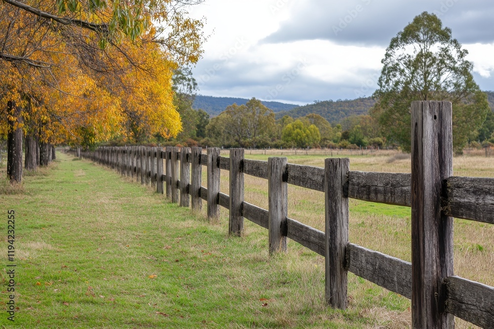 Tranquil countryside scene featuring a rustic wooden fence lined with vibrant autumn trees under a cloudy sky, inviting a sense of peace and natural beauty Tranquil countryside scene featuring a rustic wooden fence lined with vibrant autumn trees under a cloudy sky, inviting a sense of peace and natural beauty
