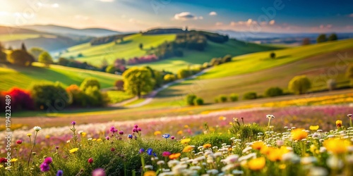 Miniature April Landscape: Blooming Flowers & Green Hills Tilt-Shift Photography