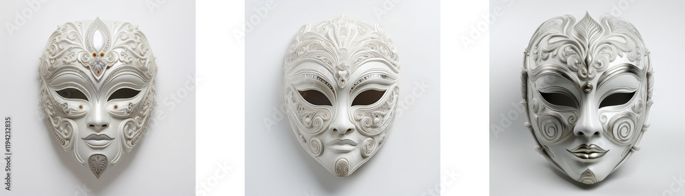 Three ornate white masks, viewed from an aerial perspective, showcase intricate designs. Hong Kong artistry is subtly suggested. Three ornate white masks, viewed from an aerial perspective, showcase intricate designs. Hong Kong artistry is subtly suggested.