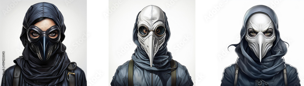 An aerial view of three figures in Hong Kong, each wearing a unique bird-like mask, cloaked in dark fabric. Mysterious and intriguing. An aerial view of three figures in Hong Kong, each wearing a unique bird-like mask, cloaked in dark fabric. Mysterious and intriguing.