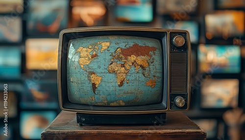 A vintage television set showing a world map on the screen photo