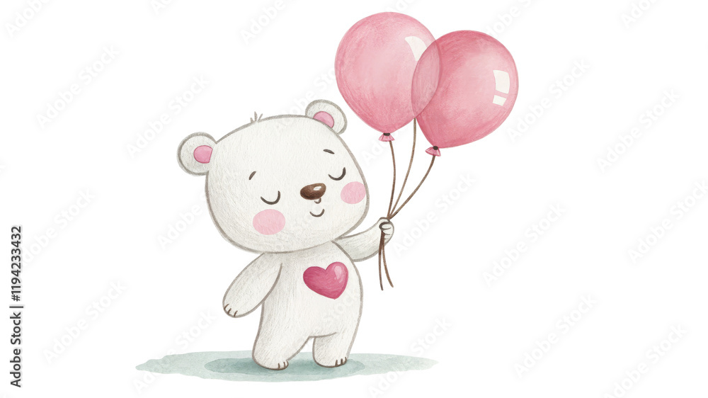 Cute Watercolor Bear with Pink Balloons, Isolated on Transparent Background, Valentine's Day, Clipart, Bear, Watercolor, Illustration Cute Watercolor Bear with Pink Balloons, Isolated on Transparent Background, Valentine's Day, Clipart, Bear, Watercolor, Illustration