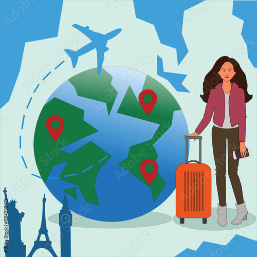 world Adventure travel flat vector illustration of woman with bag and luggage. world tour by woman  flat vector illustration with airplane. summer or winter.
