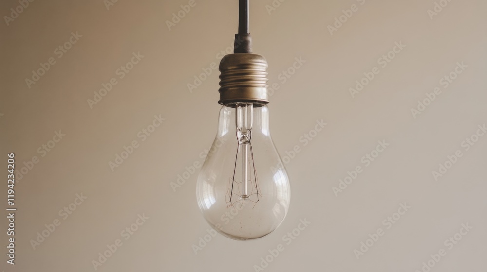 A single, clear light bulb hangs from a cord against a muted beige background. A single, clear light bulb hangs from a cord against a muted beige background.