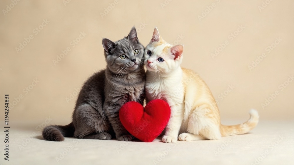 Two adorable kittens, a grey and a cream-colored, cuddle closely together beside a plush red heart, symbolizing love and companionship. Two adorable kittens, a grey and a cream-colored, cuddle closely together beside a plush red heart, symbolizing love and companionship.