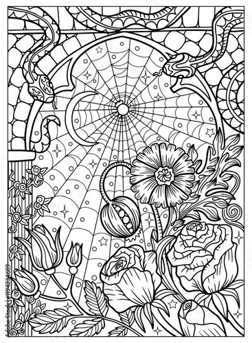 Hand drawn coloring page with beautiful flowers of poppy and rose, snakes and spider web. Mystic spiritual nature. Vector black and white line art illustration