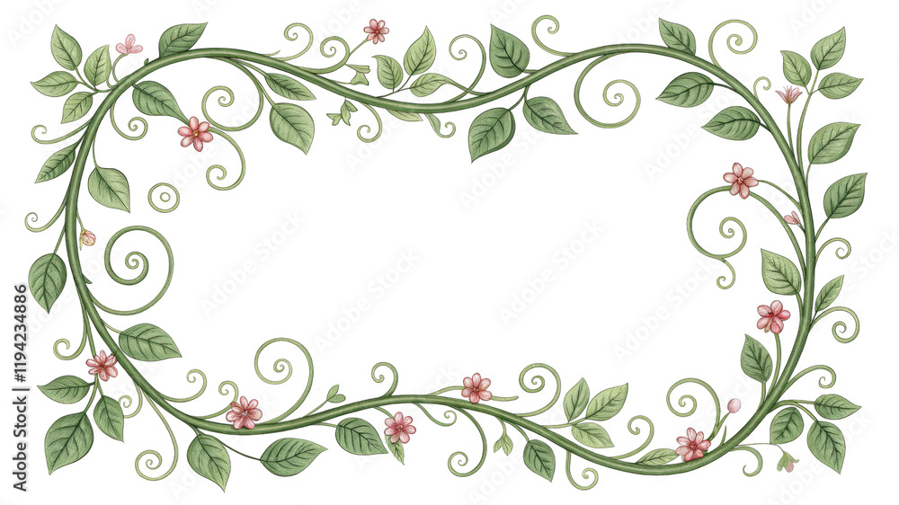 Floral Vine Frame Hand-Drawn, Green Leaves and Pink Flowers, Isolated on Transparent Background, Floral Frame, Vine Border, Botanical Illustration Floral Vine Frame Hand-Drawn, Green Leaves and Pink Flowers, Isolated on Transparent Background, Floral Frame, Vine Border, Botanical Illustration