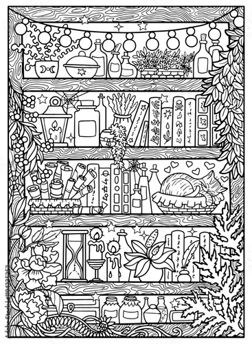 Hand drawn coloring page with magic shelves with ritual and witch objects, pots, healing plants, bottles, books and sleeping cat. Vector black and white line art illustration