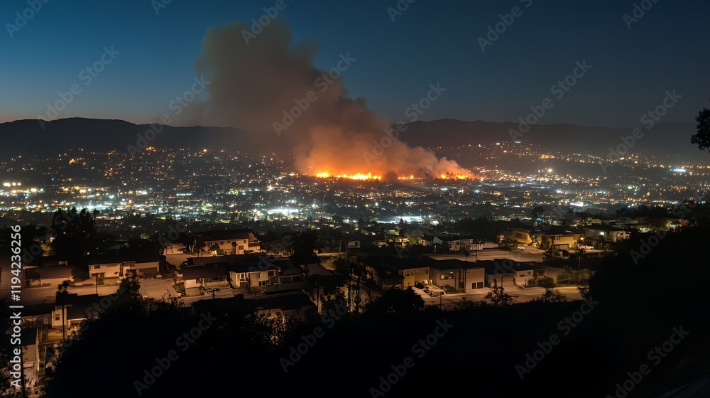 Fototapeta premium Night wildfire engulfing hillside homes, city lights