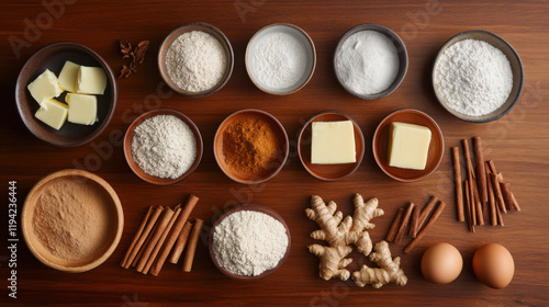 Ingredients for gingerbread cookies on wooden table for holiday baking preparation