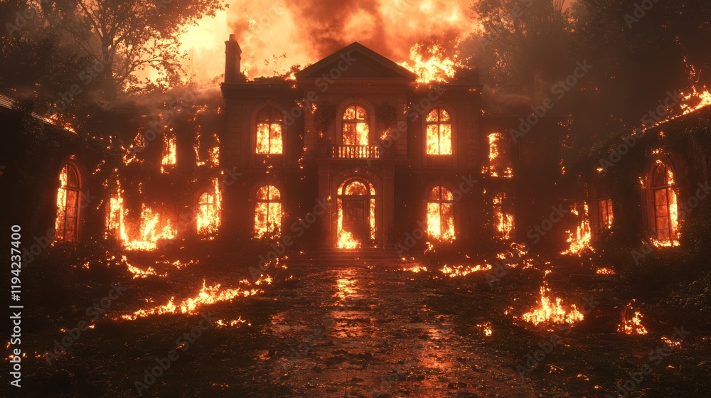 Naklejka premium Burning mansion, night fire, woods, destruction, film