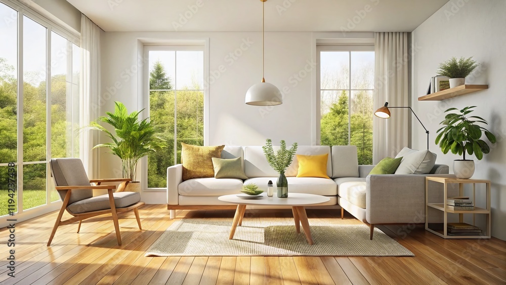 Fototapeta premium Minimalist White Living Room Interior Design, Wooden Floor, High Depth of Field Stock Photo