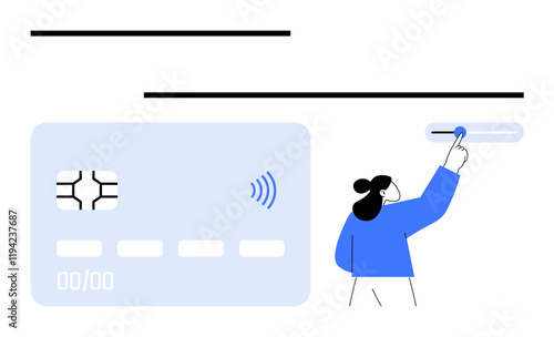 Credit card chip and contactless icon paired with a person engaging a toggle button. Ideal for online payments, fintech, security, UIUX design, cashless economy, technology tools, abstract line flat