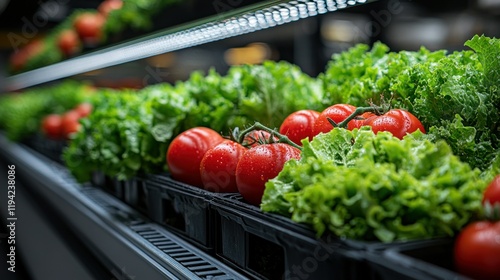 Fresh red tomatoes and green lettuce displayed in a supermarket refrigerator.