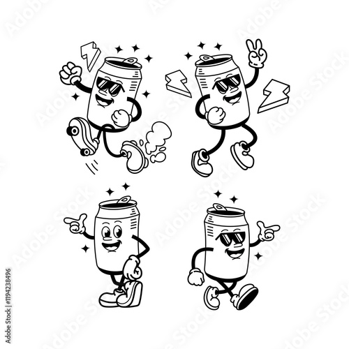 Set of Vector illustration Retro Soda can mascot. Cute character in trendy retro 60s 70s cartoon style.