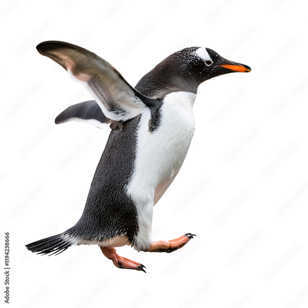 Fototapeta premium Penguin with wings outstretched, white isolate background.