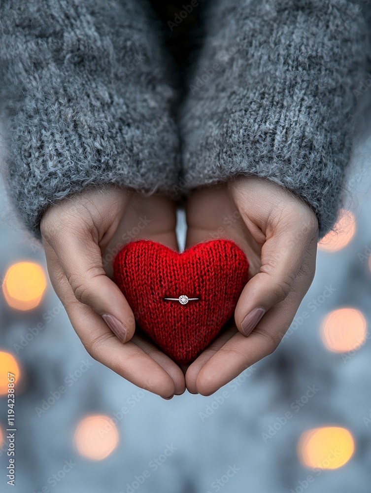 A pair of hands holding a small red gift box containing an engagement ring, with a blurred park background featuring romantic elements like fairy lights and flowers A pair of hands holding a small red gift box containing an engagement ring, with a blurred park background featuring romantic elements like fairy lights and flowers