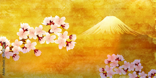 桜　富士山　水彩　背景