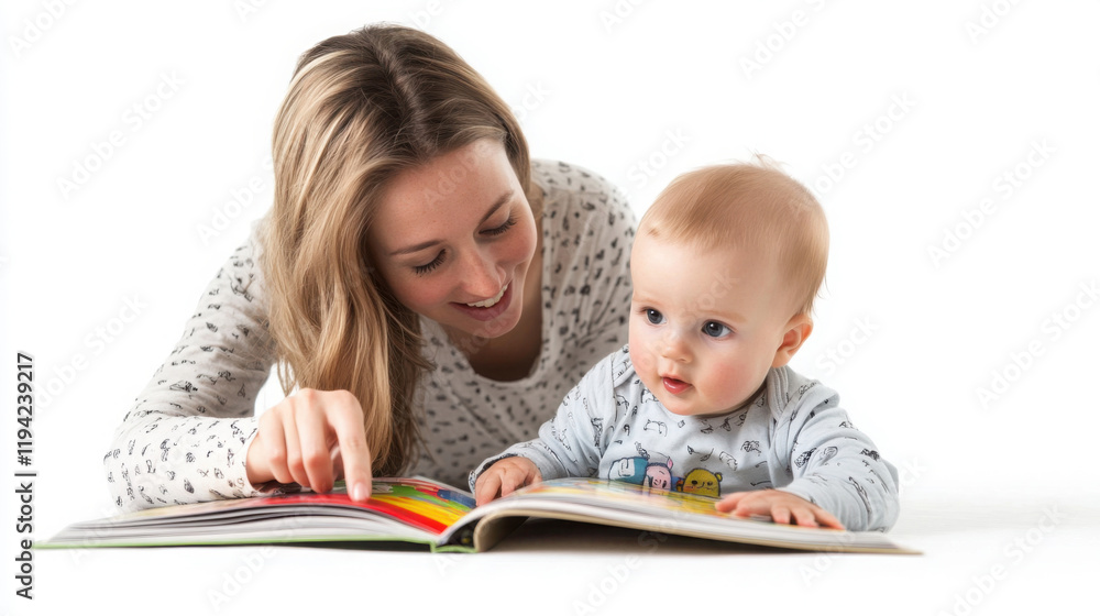 Mother and baby engaged in learning together with picture book Mother and baby engaged in learning together with picture book