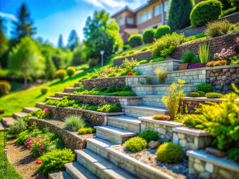 Obraz premium Modern Sloped Backyard with Gabion Retaining Walls and Stone Steps - Tilt-Shift Photography