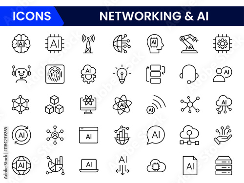 Artificial intelligence set of web icons in line style. AI technology icons for web and mobile app. Machine learning, digital AI technology, algorithm, smart robotic, cloud computing network