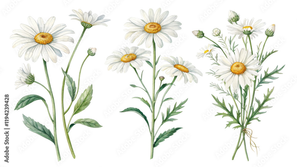 Three Watercolor Daisy Compositions, Isolated on Transparent Background, Botanical Illustration, Floral Design, Daisy, Flowers, Watercolor Three Watercolor Daisy Compositions, Isolated on Transparent Background, Botanical Illustration, Floral Design, Daisy, Flowers, Watercolor