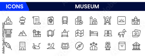 Museum ancient exhibit and service for tourist visit line icons set. Classic pillar, sculpture and painting, book and jewel, museum staff badge thin black and red outline symbols vector illustration
