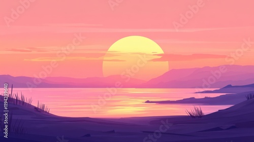 Tranquil Sunset Over a Calm Body of Water Surrounded by Silhouetted Mountains and Gentle Shores, Creating a Serene Atmosphere in Soft Pastel Hues