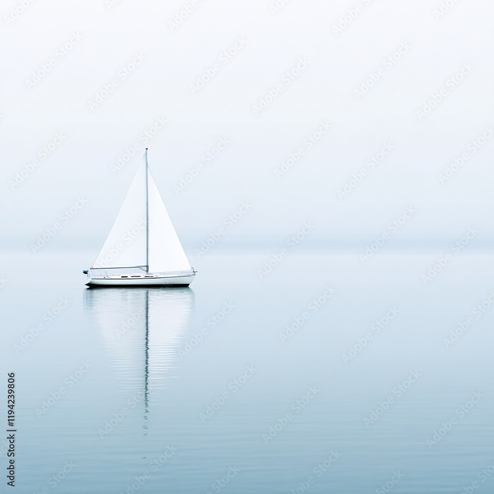 Fototapeta premium Serene Sailboat on Calm Waters Peaceful Morning Mist