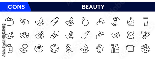 Beauty and Spa set of web icons in line style. Cosmetics services & Spa icons for web and mobile app. Spa treatments, skin care, massage, hyaluronic acid, serum, anti ageing, pore tighten, cosmetology