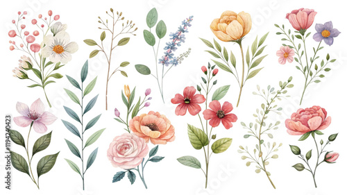 Wallpaper Mural Watercolor Floral Collection 15 Botanical Elements Isolated on Transparent Background, Spring, Flower PNG, Floral design, PNG elements, watercolor Torontodigital.ca