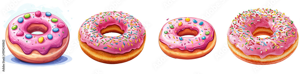 Flat style illustration of a pink donut with colorful toppings, isolated on a white background. collection set png. Flat style illustration of a pink donut with colorful toppings, isolated on a white background. collection set png.