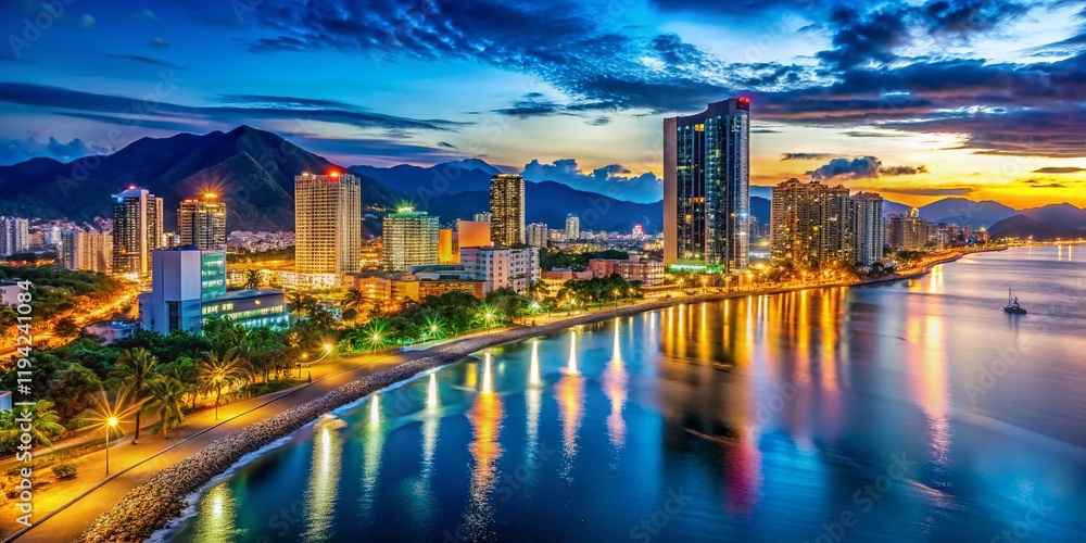 Fototapeta premium Nha Trang Night: Vibrant Coastal Cityscape, Beaches & Bays, Vietnam