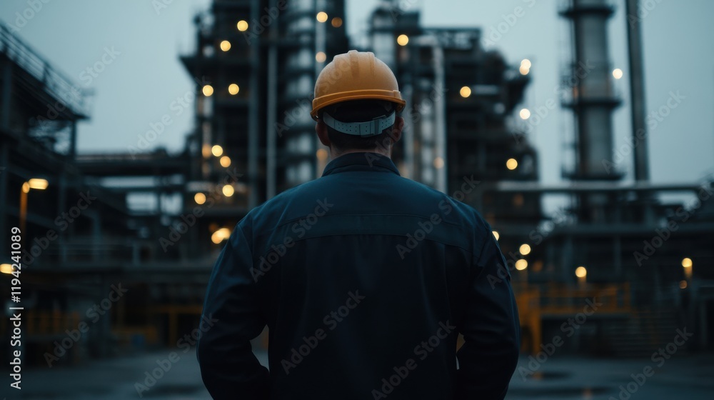 A worker in a hard hat stands before an industrial facility, illuminated by lights, emphasizing the significance of safety and engineering in a manufacturing environment.